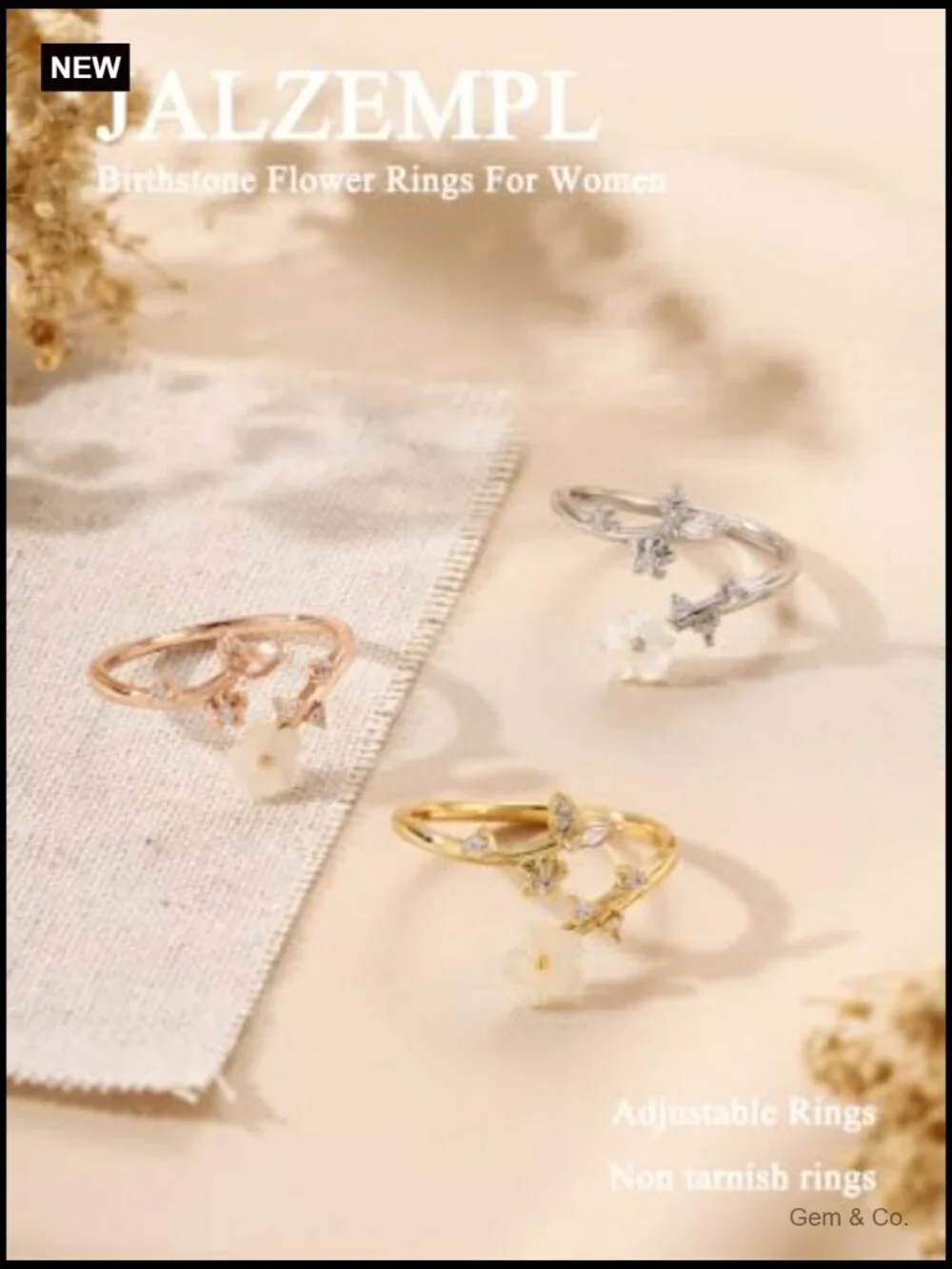 Birthstone Flower Ring Non Tarnish CZ Adjustable Size 7-11 Gift